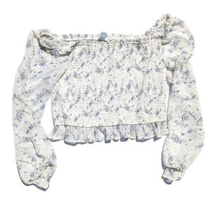 Revamped  XL Long Sleeve Floral Beige Cropped Top Sheer Sleeve Boho Flirty